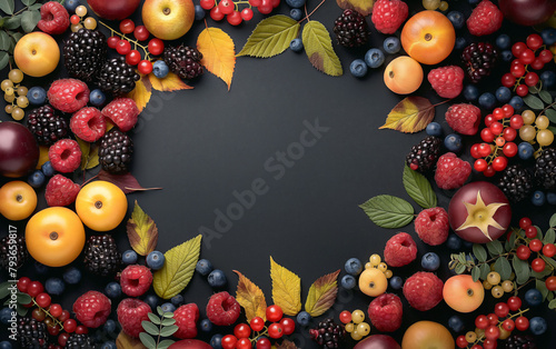 berries poster design. A variety of delicious Blueberry ,cloudberry ,raspberry and mulberry are placed in a circle with a variety of interesting colors. photo