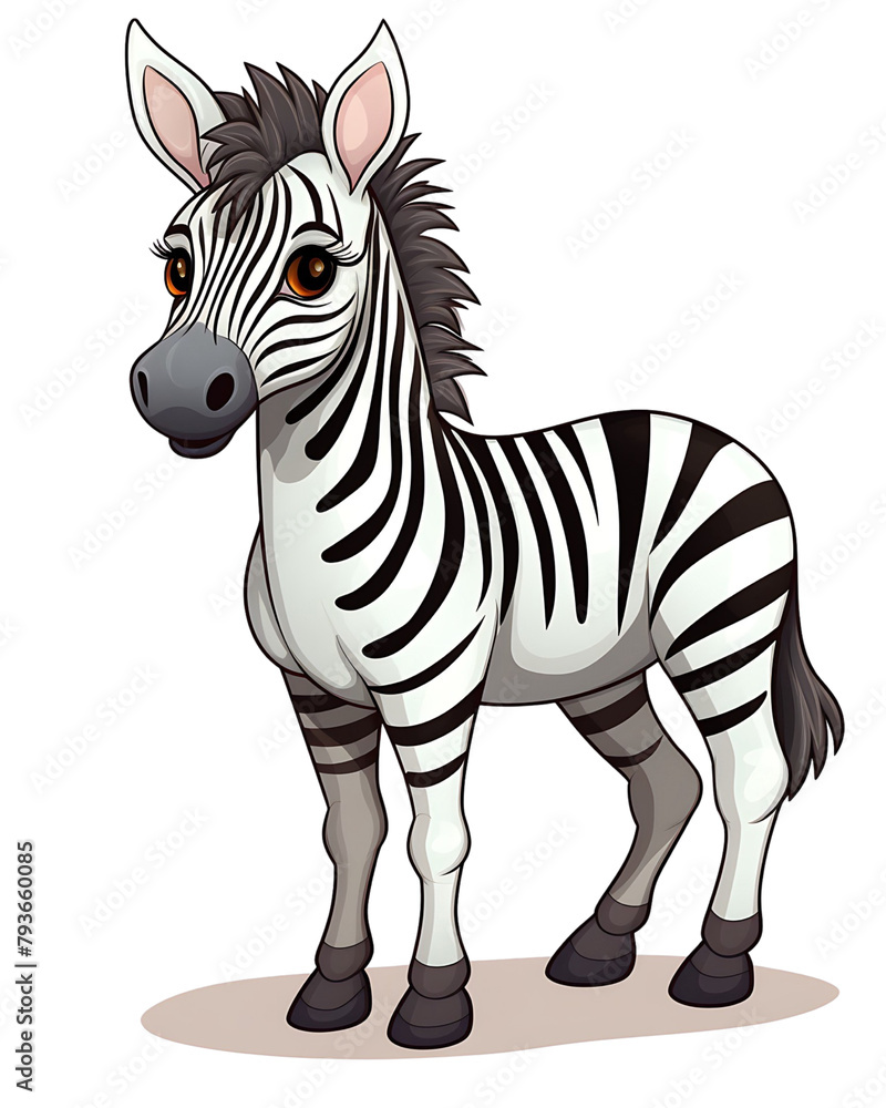 Striped cartoon zebra standing with a detailed mane and tail. Generative AI Striped cartoon zebra standing with a detailed mane and tail. Generative AI