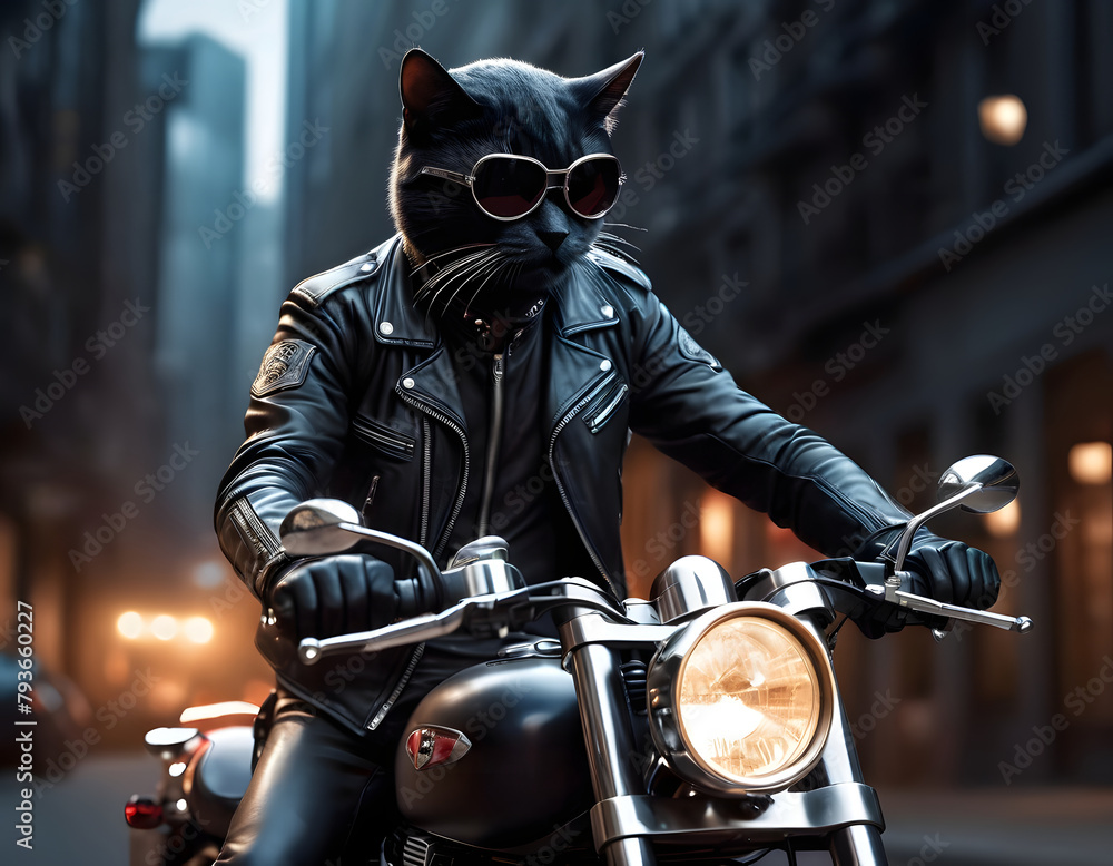 A brutal cat in sunglasses and a leather jacket rides a motorcycle on a black background. Generative AI. A brutal cat in sunglasses and a leather jacket rides a motorcycle on a black background. Generative AI.