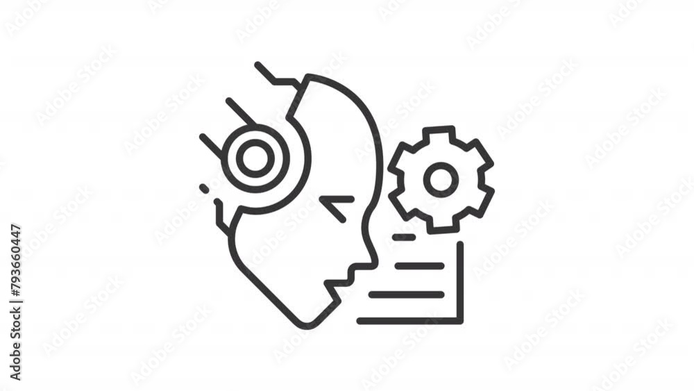 AI reads line animation. Animated robotic head and text document icon. Cognitive computing. Text processing. Black illustration on white background. HD video with alpha channel. Motion graphic AI reads line animation. Animated robotic head and text document icon. Cognitive computing. Text processing. Black illustration on white background. HD video with alpha channel. Motion graphic