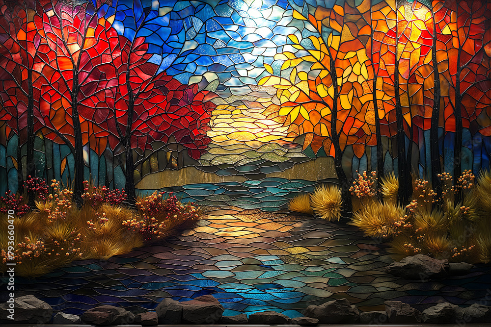  stained glass artworks depicting scenes from specific seasons, such as a springtime scene with blooming flowers and lush greenery, or an autumn scene with falling leaves and classic autumn colors 