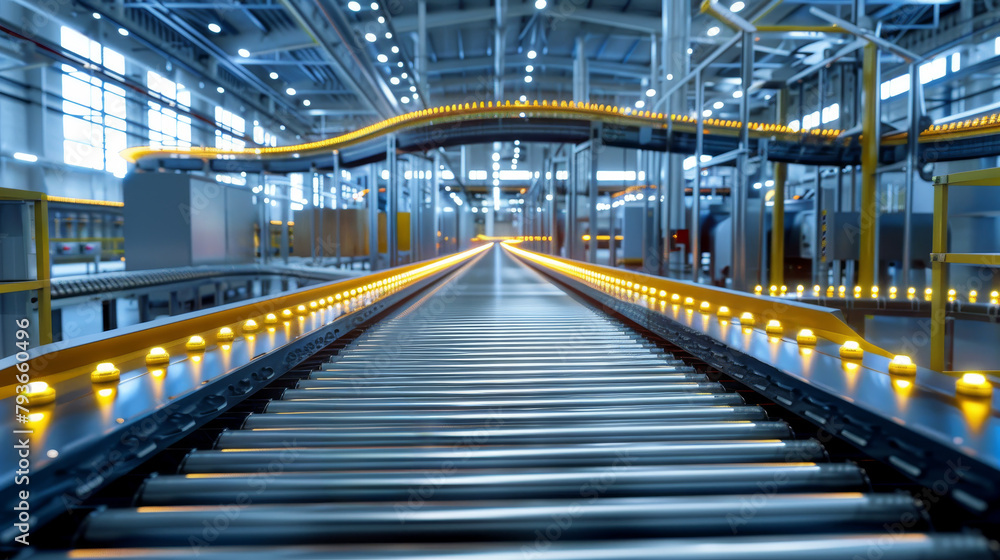 Fototapeta premium A conveyor belt system in a factory interior with a perspective view, lit by yellow lights, representing industrial automation. Generative AI