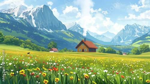 view of a wooden house in the middle of a flower plantation, 4k animation video background  photo