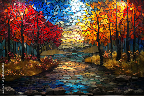  stained glass artworks depicting scenes from specific seasons, such as a springtime scene with blooming flowers and lush greenery, or an autumn scene with falling leaves and classic autumn colors 