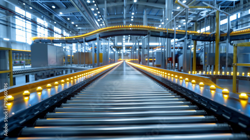 A conveyor belt system in a factory interior with a perspective view, lit by yellow lights, representing industrial automation. Generative AI