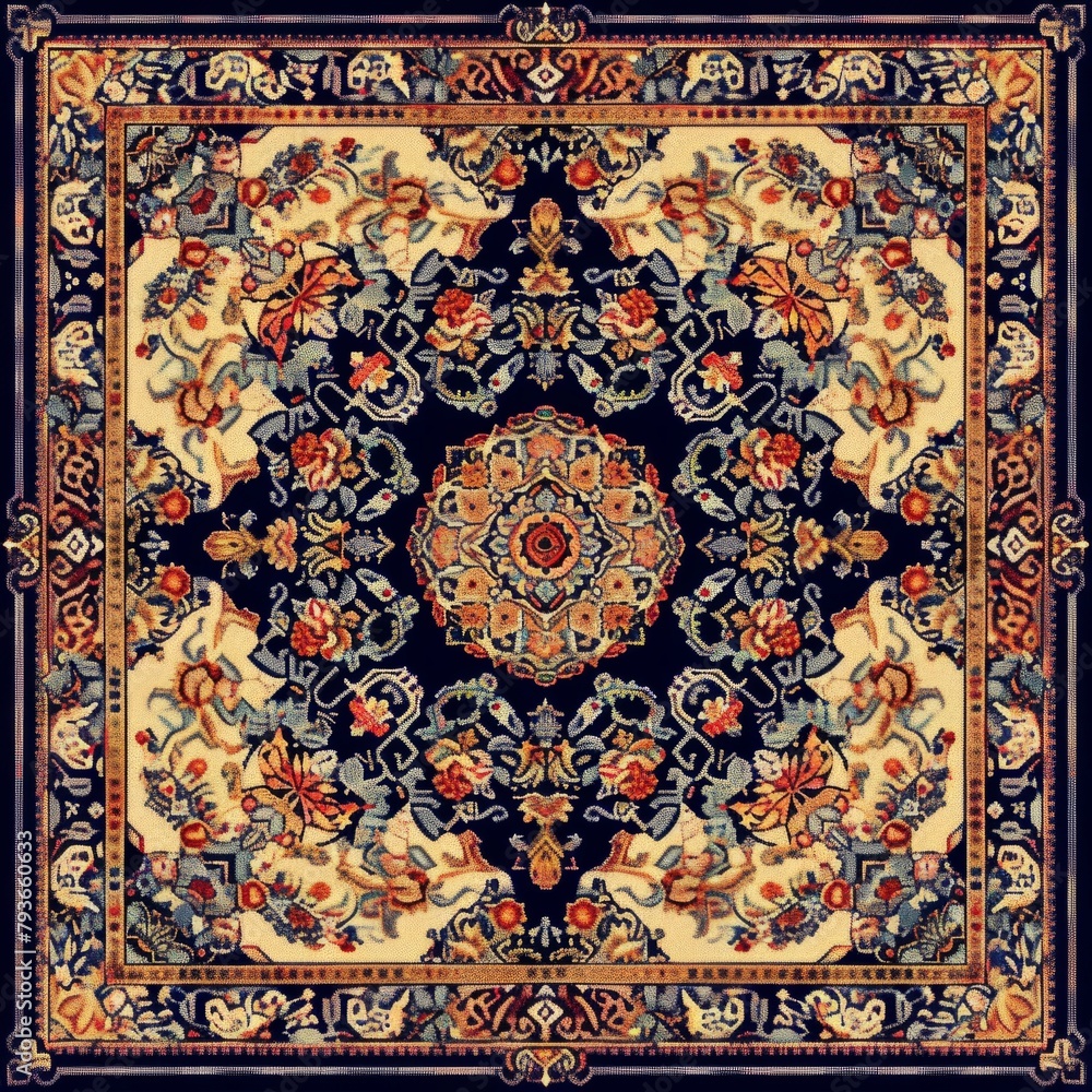 A colorful carpet with a flowery design