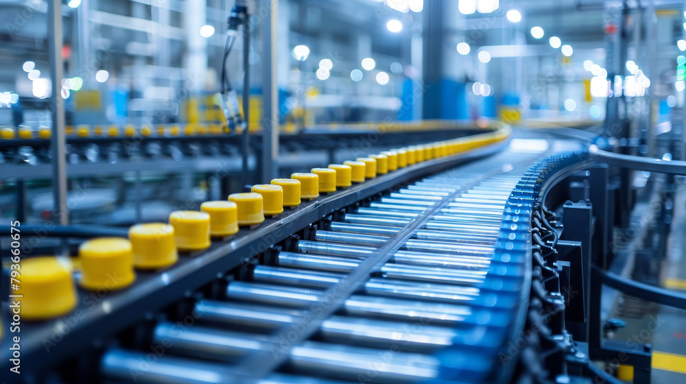 Obraz premium Yellow caps on a conveyor belt in a factory setting, with metal machinery and a blurred industrial background, illustrating automation. Generative AI