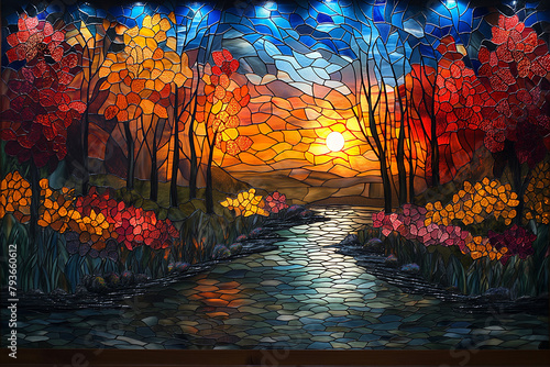  stained glass artworks depicting scenes from specific seasons  such as a springtime scene with blooming flowers and lush greenery  or an autumn scene with falling leaves and classic autumn colors 