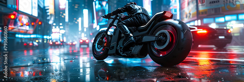Futuristic motorcycle in a dark seedy urban street scene Cyberpunk concept 3D illustration.  photo