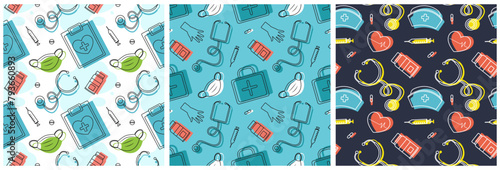 Doctors Day Seamless Pattern Design with Medical Equipment in Template Hand Drawn Cartoon Flat Illustration