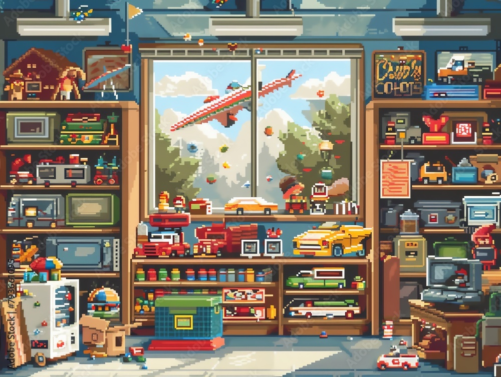 Retro pixel art vintage toy store, classic toys, excited children, and nostalgic atmosphere