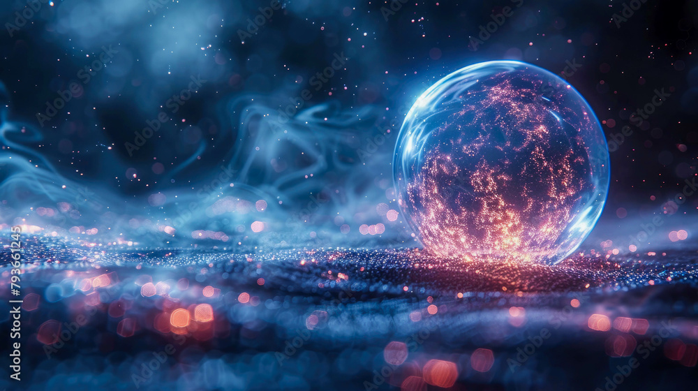 Glowing crystal ball with smoke on dark background - obrazy, fototapety, plakaty 