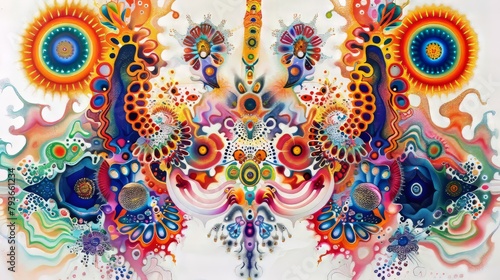 Kaleidoscopic psychedelic compositions radiating energy against a pristine white canvas