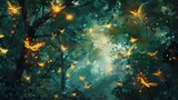 A painting of a forest with many butterflies flying around. The butterflies are glowing in the dark, creating a magical and serene atmosphere