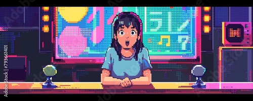 Digital pixel art of a Japanese game show, girl contestant excitedly answering questions photo