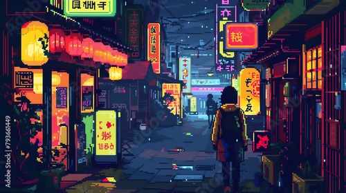Dynamic pixel art of a Japanese street at night  with a girl in a trendy outfit walking past neon signs  lively and bustling