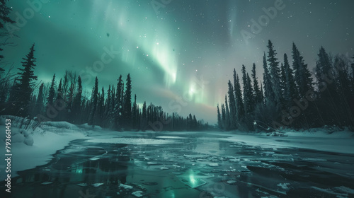 Northern lights illuminate the sky over a snowy winter landscape with towering pine trees and a frozen river photo