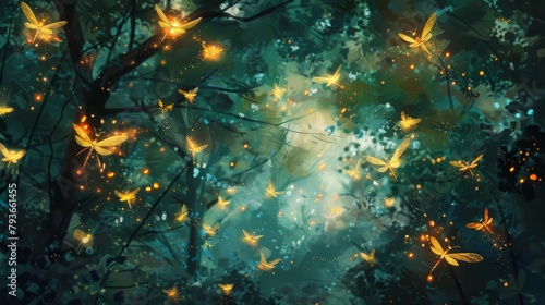 A painting of a forest with many butterflies flying around. The butterflies are glowing in the dark  creating a magical and serene atmosphere