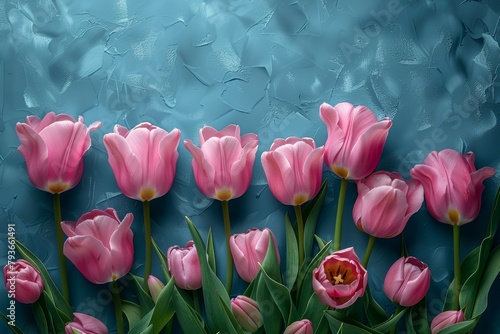 Empty Frame Surrounded by Pink Tulips from Above Generative AI