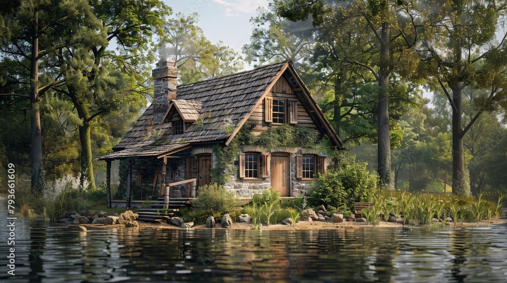 A small house with a green roof sits on a rocky hillside next to a body of water A small house with a green roof sits on a rocky hillside next to a body of water