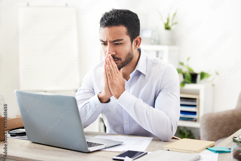 Business man, thinking and laptop in office with stock market investing and financial growth idea. Serious, tech and working investment professional with accounting problem solving of portfolio Business man, thinking and laptop in office with stock market investing and financial growth idea. Serious, tech and working investment professional with accounting problem solving of portfolio