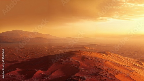 Atmospheric Panorama on the Surface of Mars. Martian Landscape Photo with Hazy Orange Sky. photo