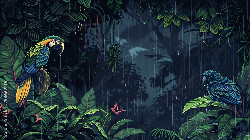 Pixel art tropical rainstorm, lush foliage, and exotic birds taking shelter - obrazy, fototapety, plakaty 