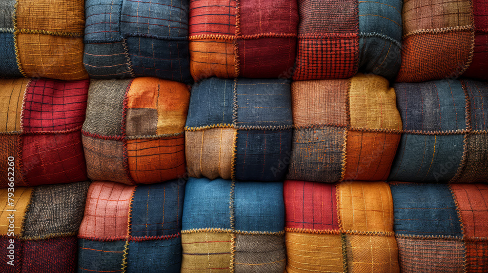 Colorfully Quilted Pillows Stacked In A Rich Array, Their Stitches Telling A Story Of Craft And Comfort Colorfully Quilted Pillows Stacked In A Rich Array, Their Stitches Telling A Story Of Craft And Comfort