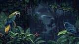 Pixel art tropical rainstorm, lush foliage, and exotic birds taking shelter