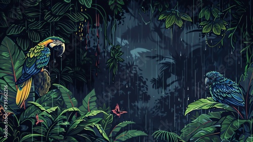Pixel art tropical rainstorm, lush foliage, and exotic birds taking shelter