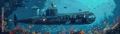 Pixel art underwater research facility, submarines, marine scientists, and sea life photo