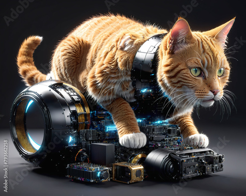 orange cat with cyberpunk mechanism. Generated AI