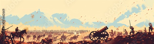 Pixelated historical battlefield reenactment, cannons, soldiers in formation, and battle tactics