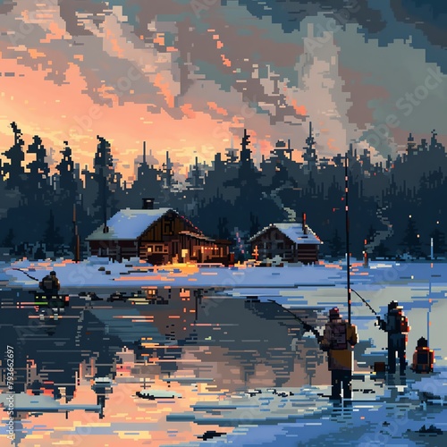 Pixelated ice fishing scene, fishermen, shanties, and a frozen lake photo