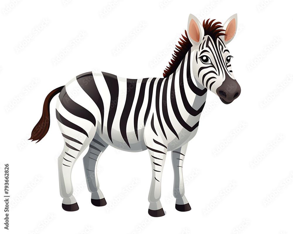 Striped cartoon zebra standing with a detailed mane and tail. Generative AI Striped cartoon zebra standing with a detailed mane and tail. Generative AI