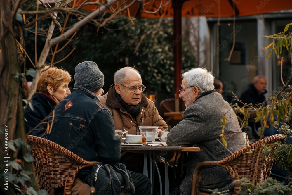 Elderly couple sitting at a table in a street cafe.