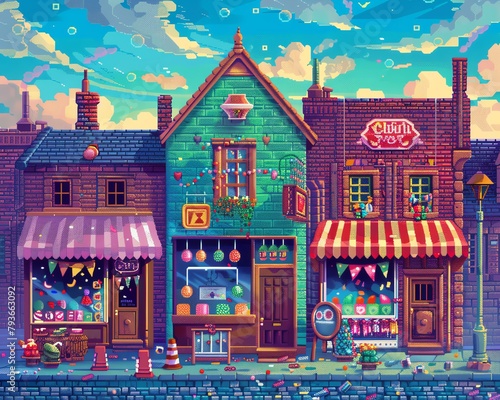 Retro pixel art candy shop, colorful sweets, kids, and whimsical decorations