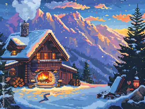 Retro pixel art ski lodge, apres-ski scene, cozy fireplaces, and snowy views photo