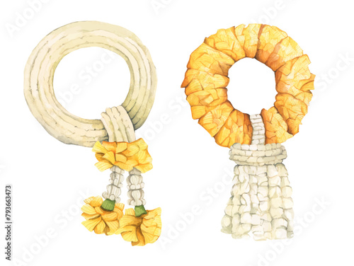 Set of Thai garland colorful flower for Mother's day, Songkran festival or religion buddhism observation day. Watercolor illustration.