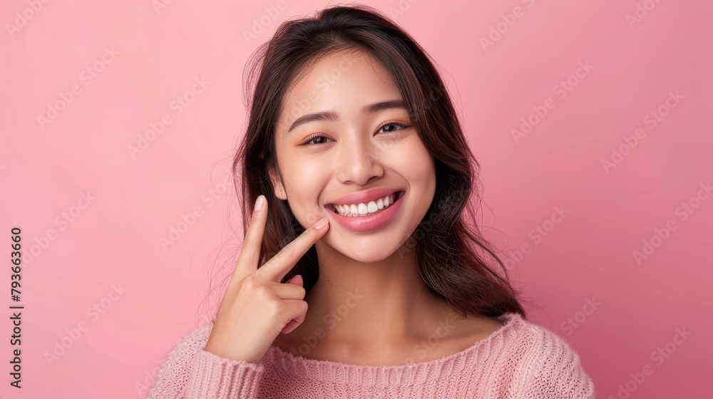 Confident Asian woman in a muted pink setting, looking directly at the camera, pointing to her smile, styled as bold and straightforward. Confident Asian woman in a muted pink setting, looking directly at the camera, pointing to her smile, styled as bold and straightforward.