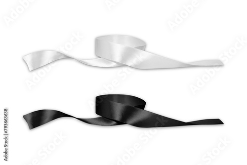 Blank white and black curl silk ribbon mock up, isolated, 3d rendering. Empty decorative grosgrain tape for birthday surprise mockup. Clear adorn organza for festive packaging mockup template. photo