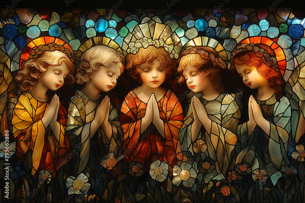 A stained glass baby angels praying