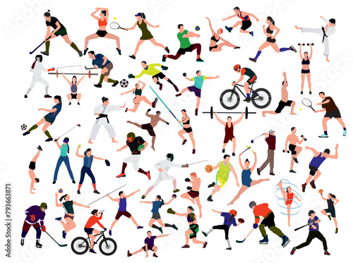Group of people performing sports activities. Doing yoga and gymnastics exercises, jogging, riding bicycles, playing ball game and tennis.