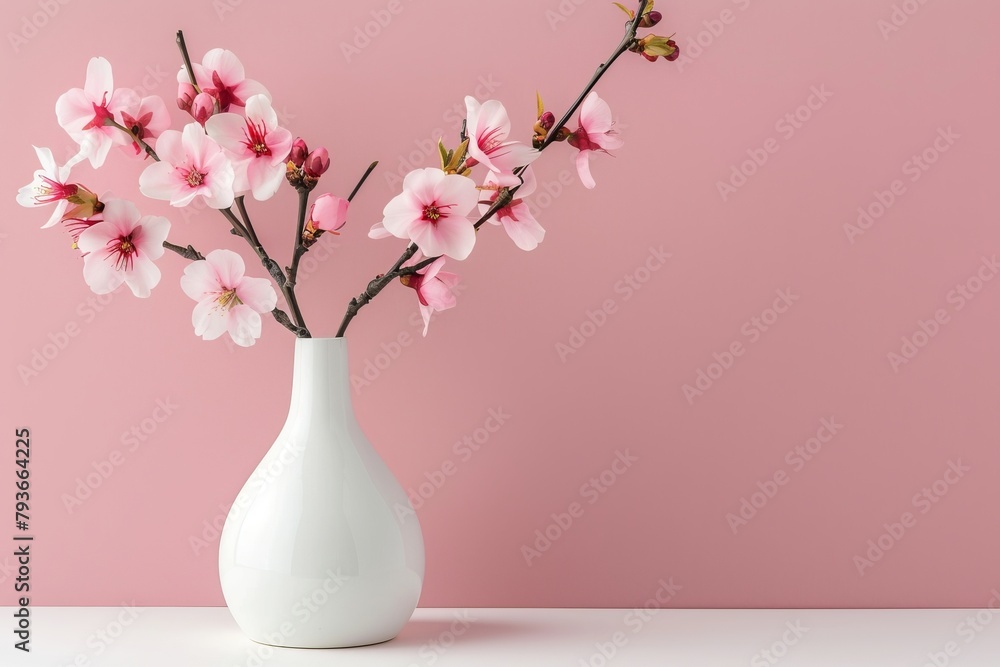 Minimalist white vase with pink cherry blossoms on soft background for text placement
