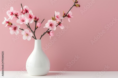 Minimalist white vase with pink cherry blossoms on soft background for text placement