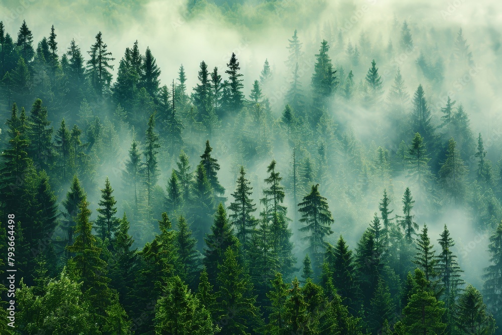 Serene forest of pine trees with misty morning fog, creating a sense of mystery and tranquility in the background