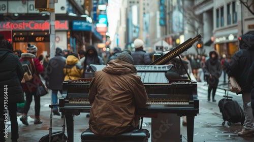 Against the backdrop of a bustling city street, the strains of a street performer's piano fill the air, captivating passersby with its melodic allure. photo