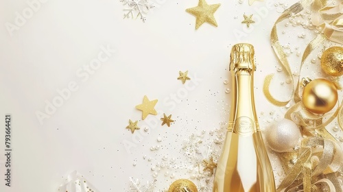 Champagne bottle with glittering confetti stars. A celebratory cava bottle surrounded by ribbons  and baubles on a color background  depicting festivity and luxury. Great design for postcard  banners