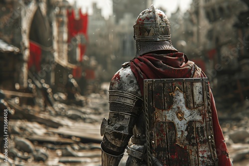 Medieval knight standing in battlefield ruins photo