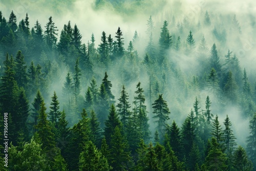 Serene forest of pine trees with misty morning fog  creating a sense of mystery and tranquility in the background
